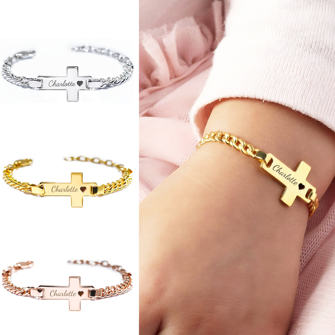 Personalized Children's Cross Name Bracelet – Sterling Silver with Gold Plating