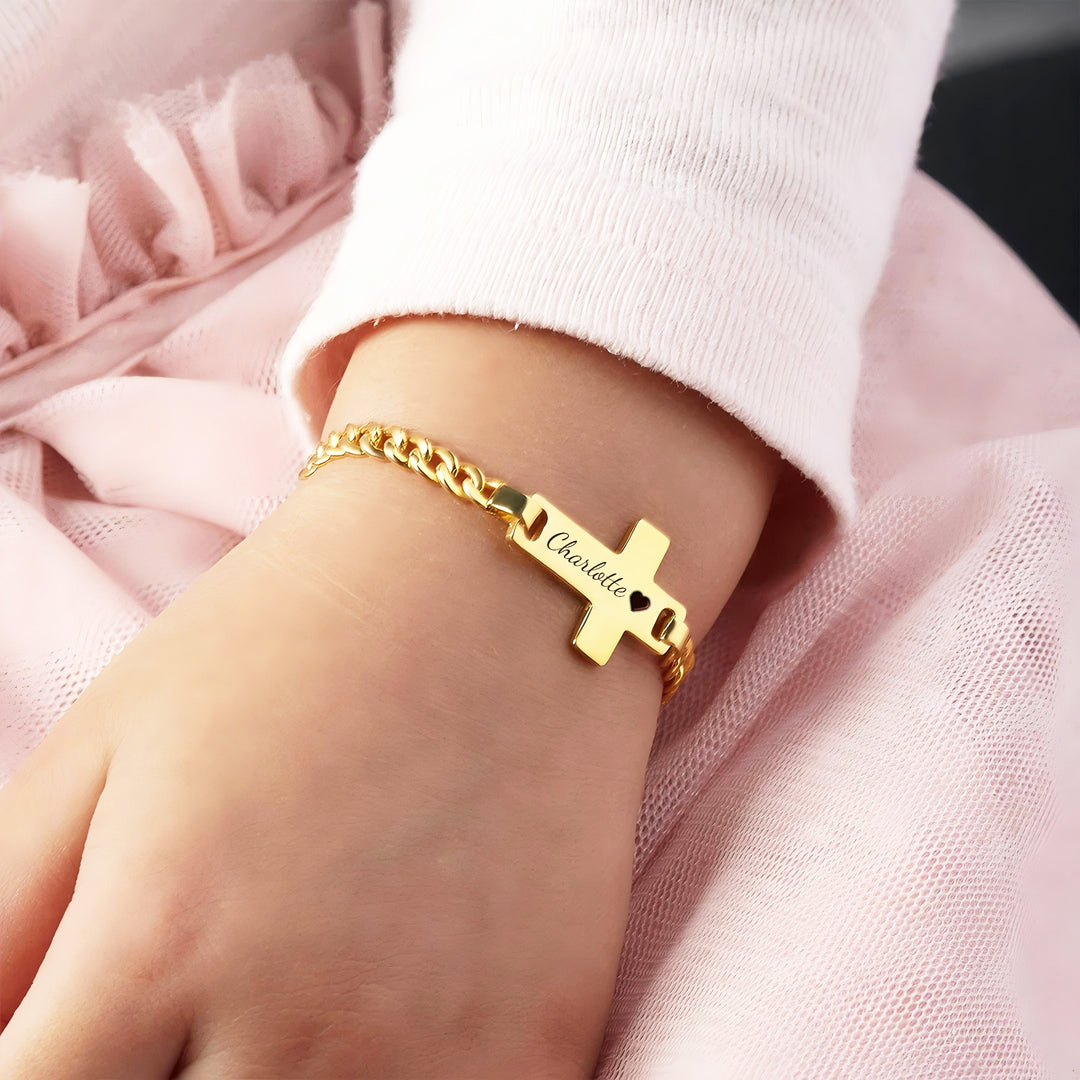 Personalized Children's Cross Name Bracelet – Sterling Silver with Gold Plating