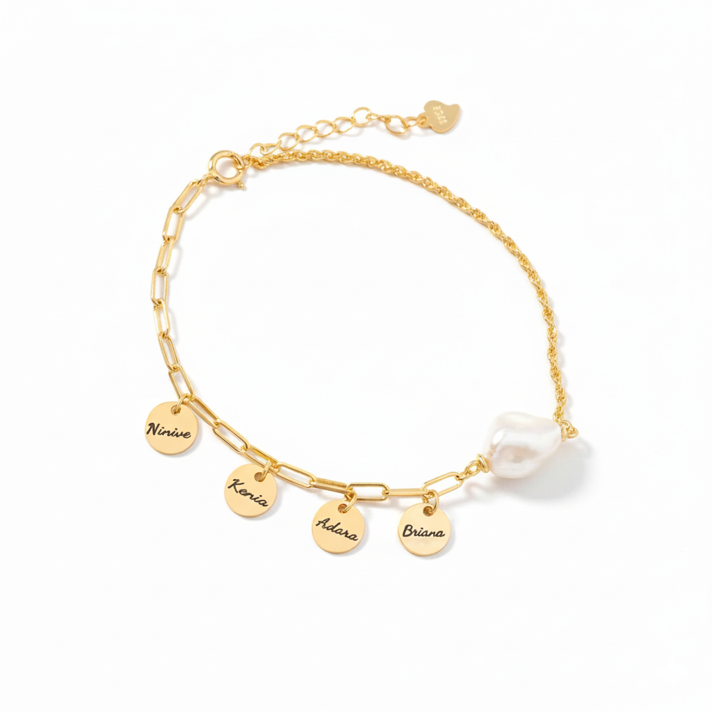 Personalized Names Charm Bracelet - Natural Baroque Pearl Paperclip Bracelet
