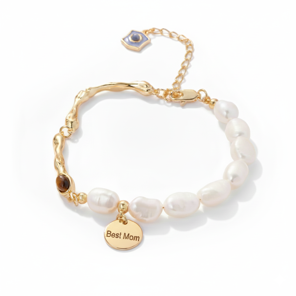 Personalized Name Disc Charm Bracelet - Natural Baroque Pearl Tiger's Eye Bracelet