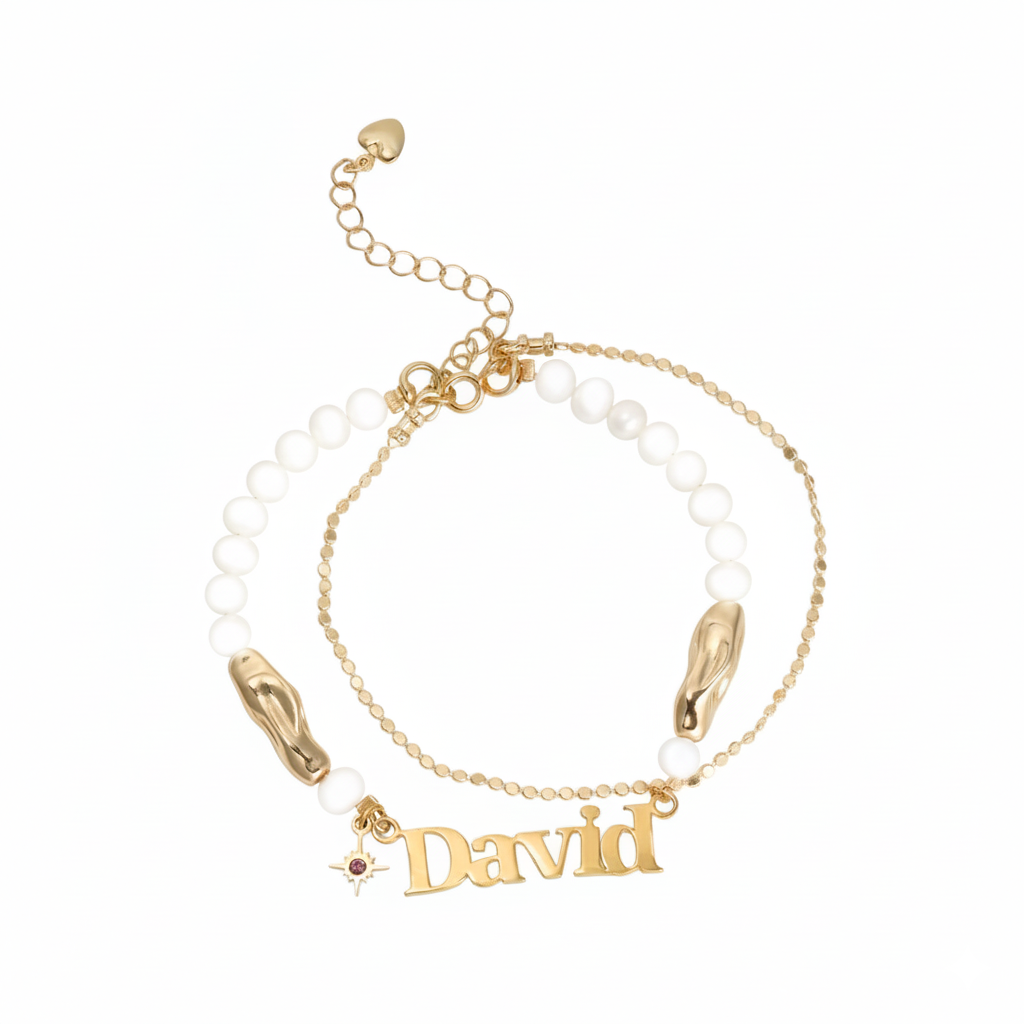 Personalized natural freshwater pearl name birthstone bracelet set