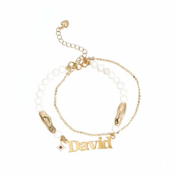 Personalized natural freshwater pearl name birthstone bracelet set