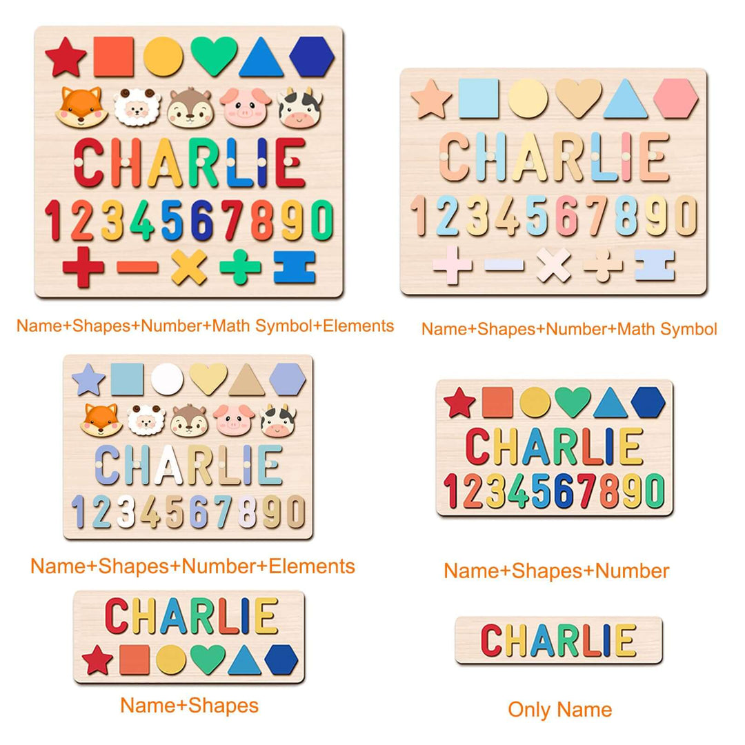 Personalized Educational Wooden Name Puzzle – Shapes, Numbers & Letters Toy
