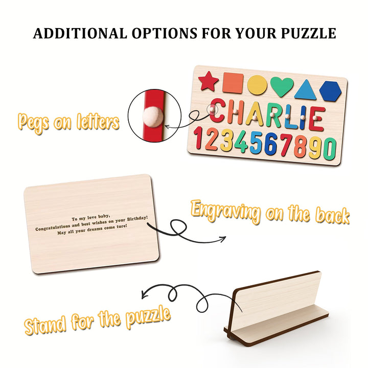 Personalized Wooden Name Puzzle with Numbers & Shapes – Educational Baby Learning Toy