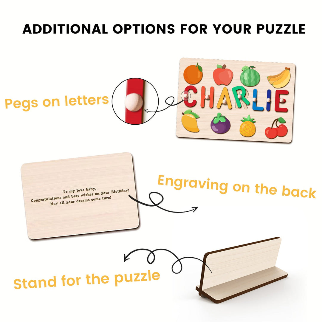 Personalized Wooden Name Puzzle with Food Shapes – Custom Learning Toy for Toddlers