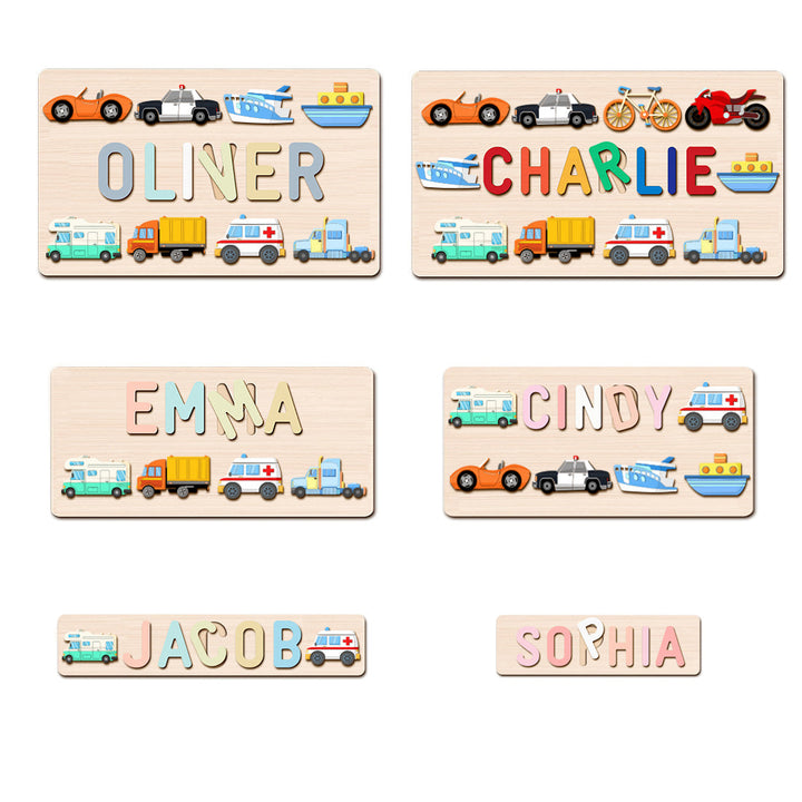 Personalized Wooden Name Puzzle – Vehicle & Traffic Learning Toy