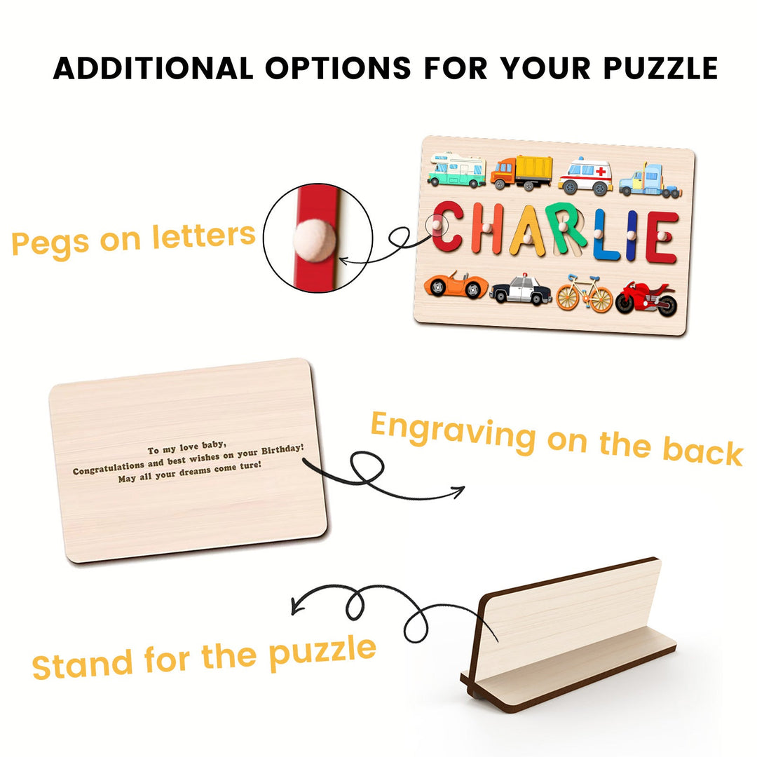 Personalized Wooden Name Puzzle – Vehicle & Traffic Learning Toy