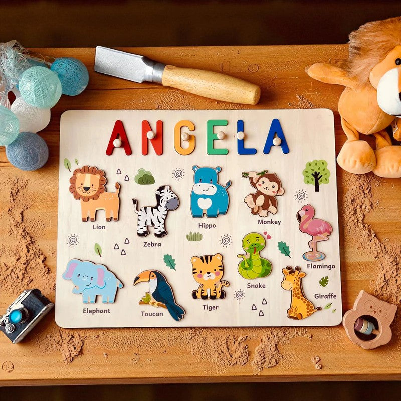 Personalized Wooden Name Puzzle - Safari Animal Learning Toy for Toddlers