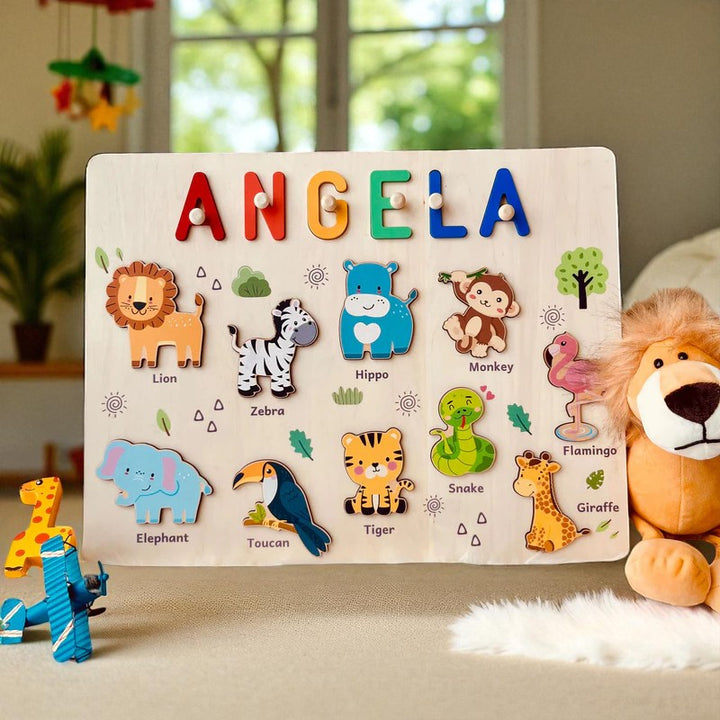 Personalized Wooden Name Puzzle - Safari Animal Learning Toy for Toddlers