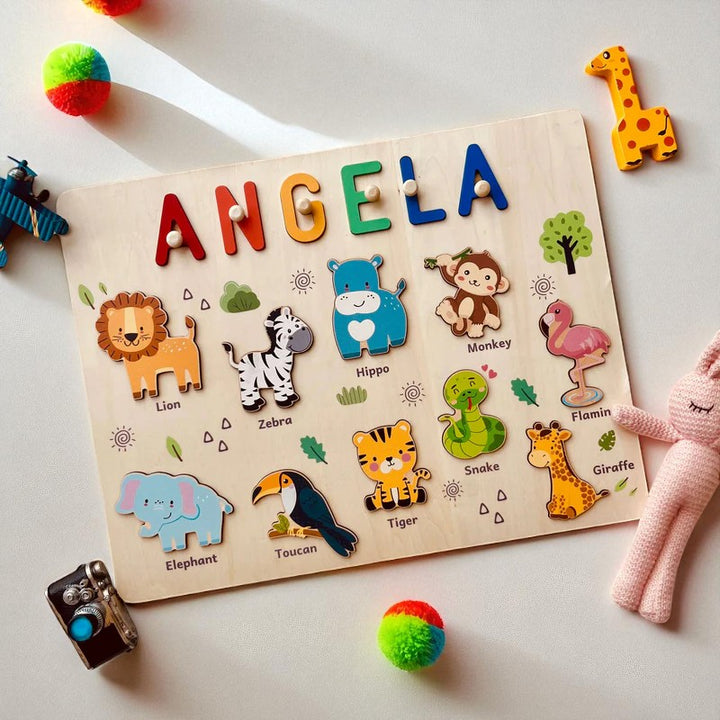 Personalized Wooden Name Puzzle - Safari Animal Learning Toy for Toddlers
