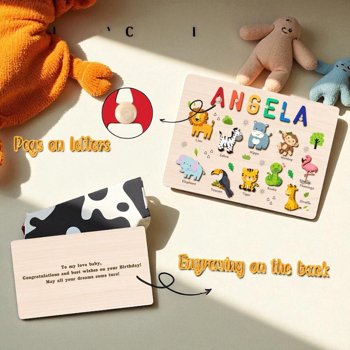 Personalized Wooden Name Puzzle - Safari Animal Learning Toy for Toddlers