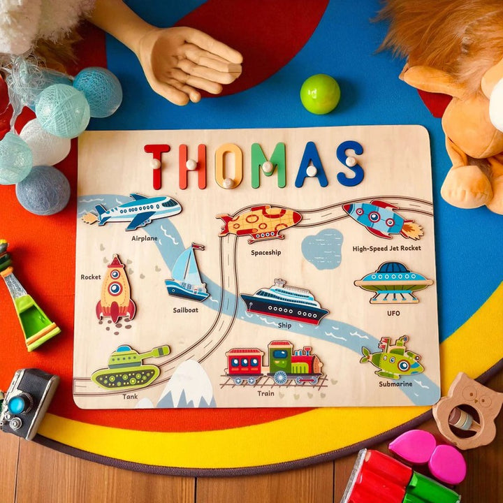 Personalized Wooden Name Puzzle – Vehicle Learning Toy for Toddlers