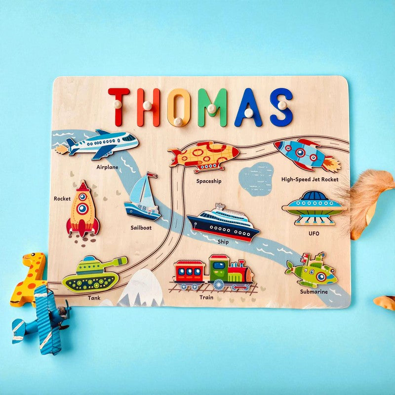 Personalized Wooden Name Puzzle – Vehicle Learning Toy for Toddlers