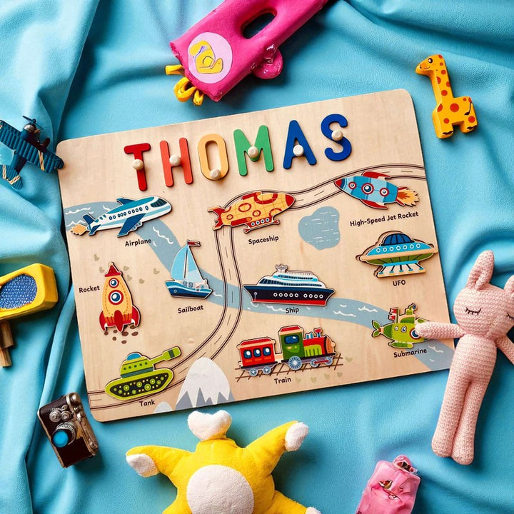 Personalized Wooden Name Puzzle – Vehicle Learning Toy for Toddlers