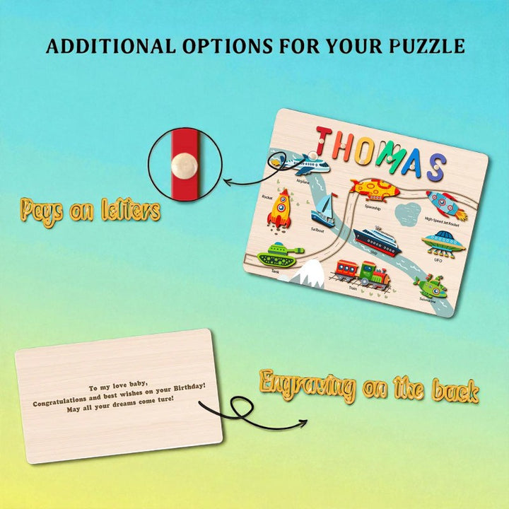 Personalized Wooden Name Puzzle – Vehicle Learning Toy for Toddlers