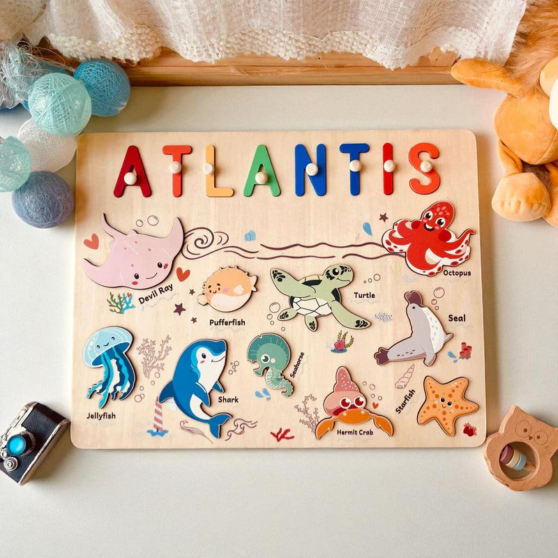 Ocean Animal Name Puzzle – Personalized Wooden Toddler Learning Toy