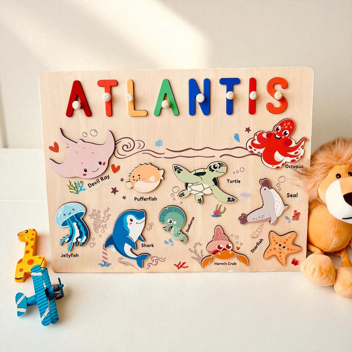 Ocean Animal Name Puzzle – Personalized Wooden Toddler Learning Toy