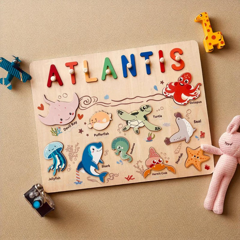 Ocean Animal Name Puzzle – Personalized Wooden Toddler Learning Toy