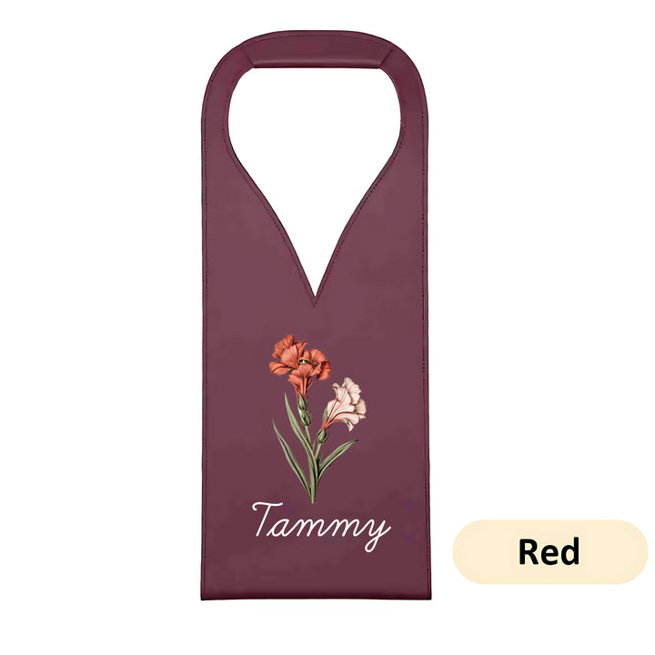 Personalized Birth Flower Leather Wine Bag for Wine Lover