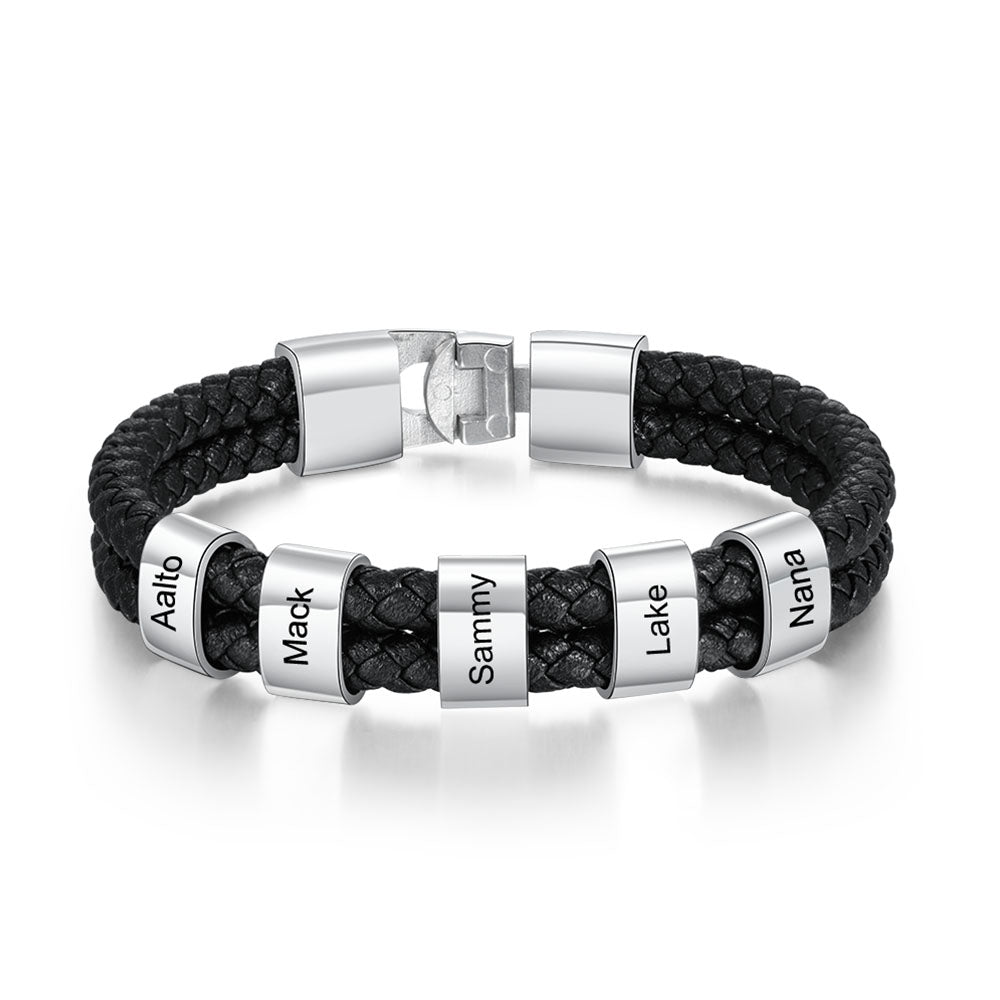 Personalised Braided Leather Bracelet Engraved 5 Names Men's Bracelet for Him