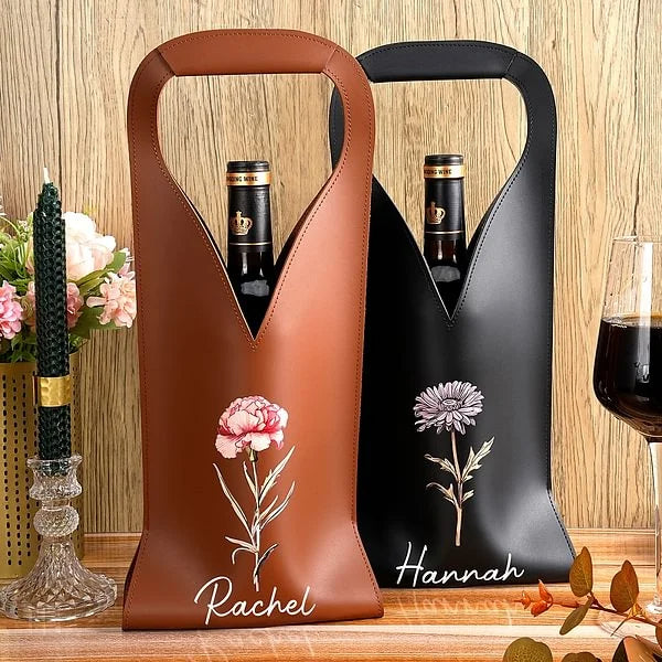 Personalized Birth Flower Leather Wine Bag for Wine Lover