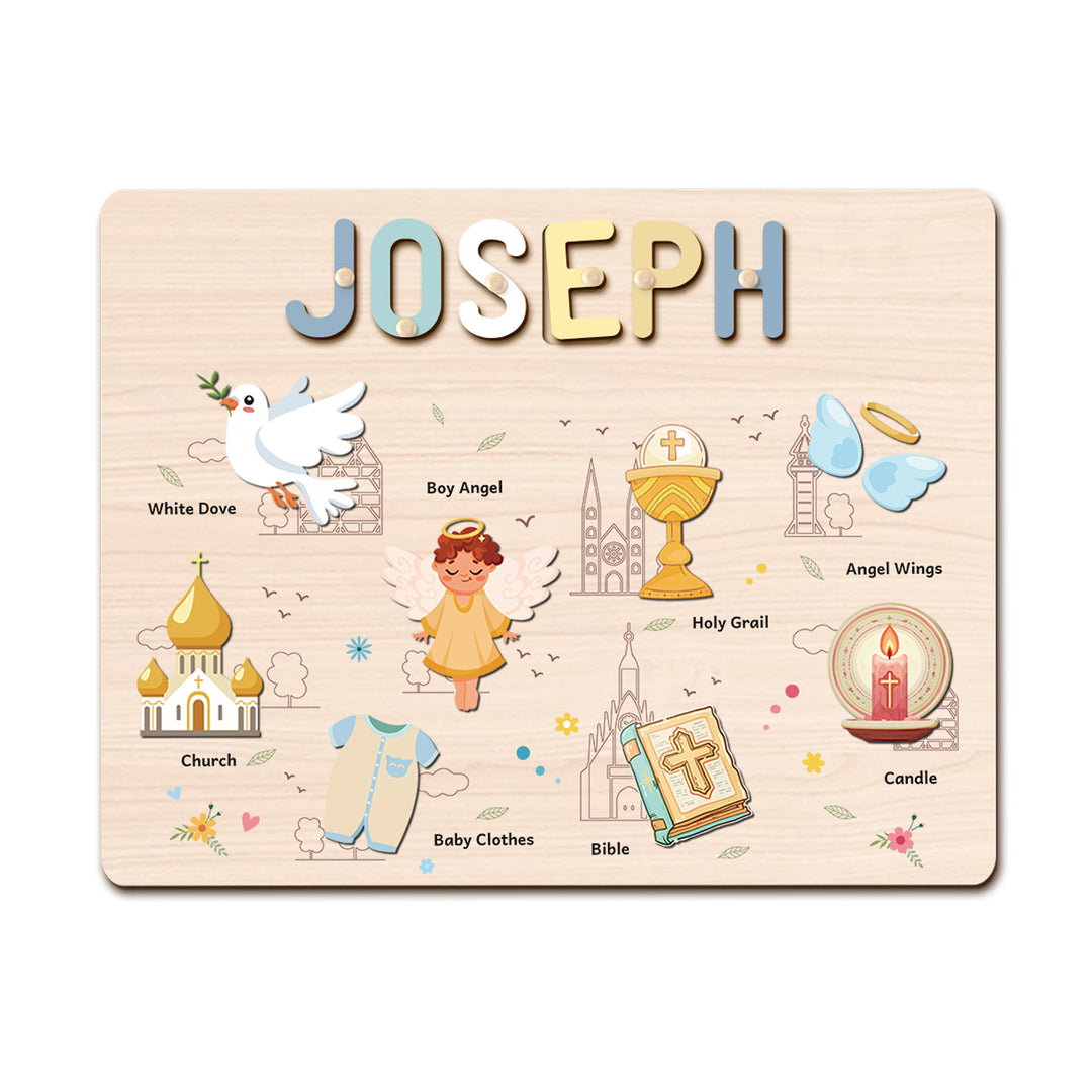 Personalized Baby Boy Christening Wooden Name Puzzle – Custom Baptism Keepsake Gift