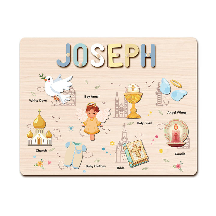 Personalized Baby Boy Christening Wooden Name Puzzle – Custom Baptism Keepsake Gift