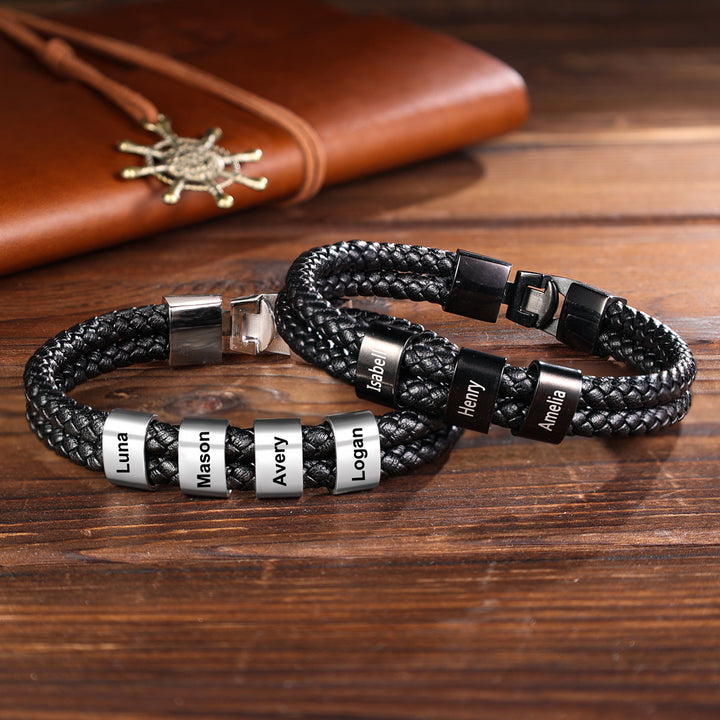 Personalised Braided Leather Bracelet Engraved 5 Names Men's Bracelet for Him