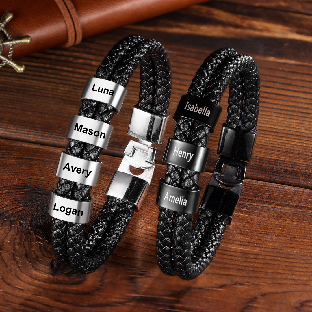 Personalised Braided Leather Bracelet Engraved 5 Names Men's Bracelet for Him
