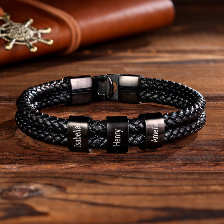Personalised Braided Leather Bracelet Engraved 5 Names Men's Bracelet for Him