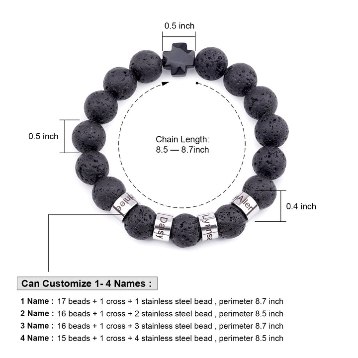 Personalized customizable name men's natural black volcanic stone beaded bracelet