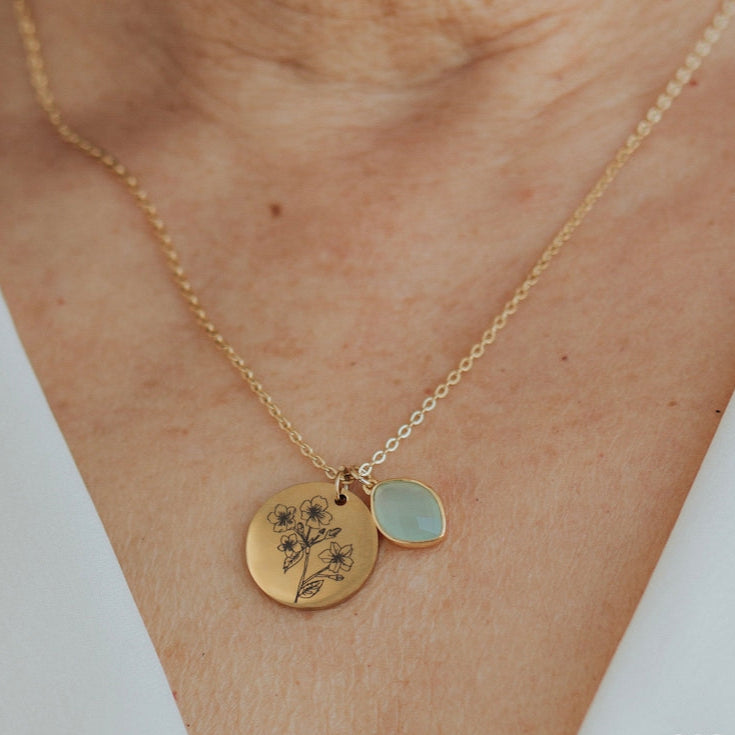 Personalized birth flower birthstone back engraved name necklace