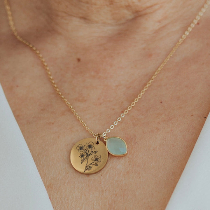 Personalized birth flower birthstone back engraved name necklace