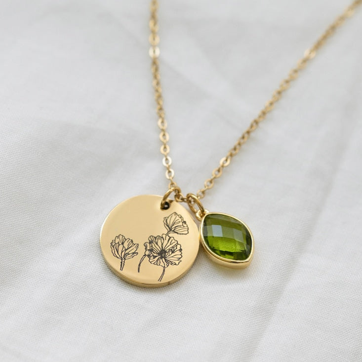 Personalized birth flower birthstone back engraved name necklace
