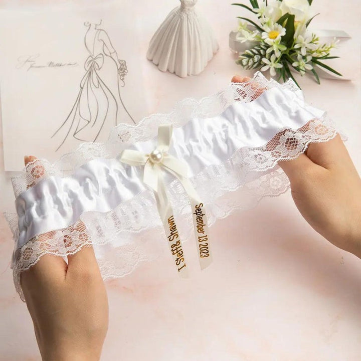 Personalized Lace Wedding Garter with Custom Name + Date Bow