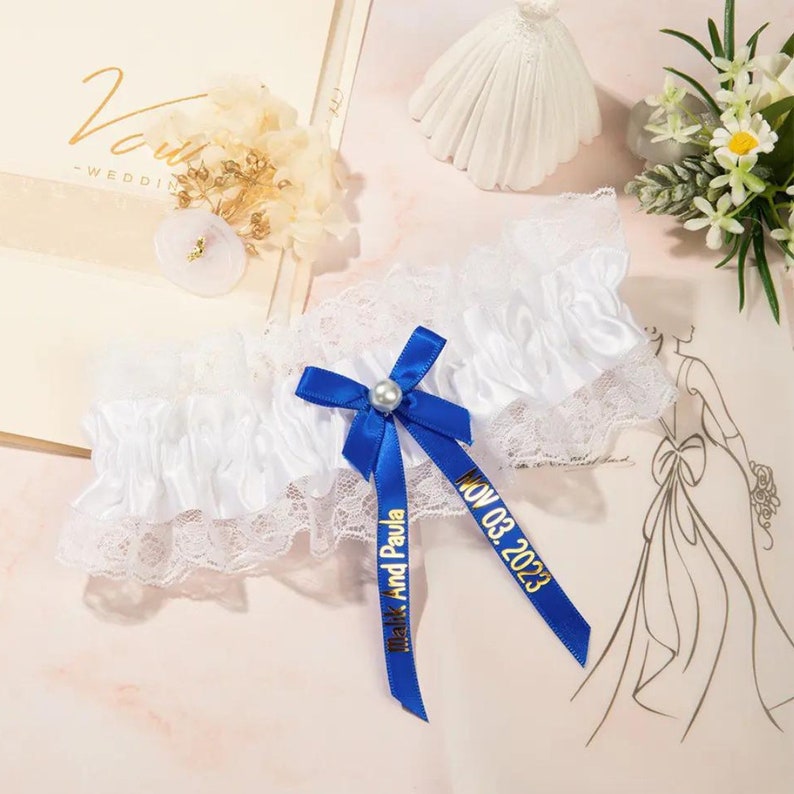 Personalized Lace Wedding Garter with Custom Name + Date Bow
