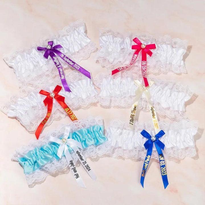 Personalized Lace Wedding Garter with Custom Name + Date Bow