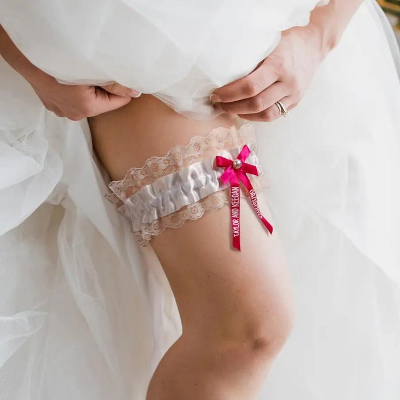 Personalized Lace Wedding Garter with Custom Name + Date Bow