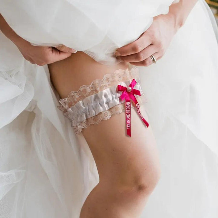 Personalized Lace Wedding Garter with Custom Name + Date Bow