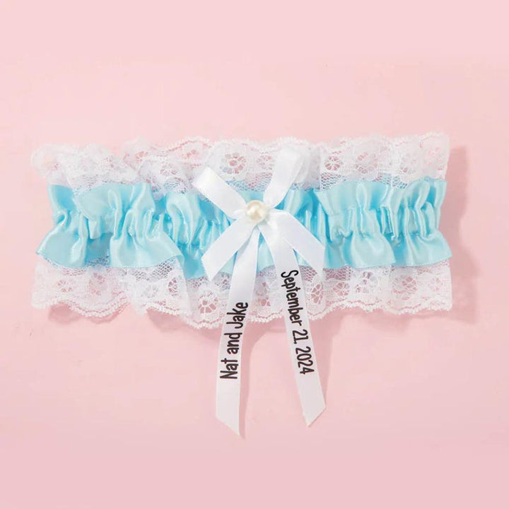 Personalized Lace Wedding Garter with Custom Name + Date Bow