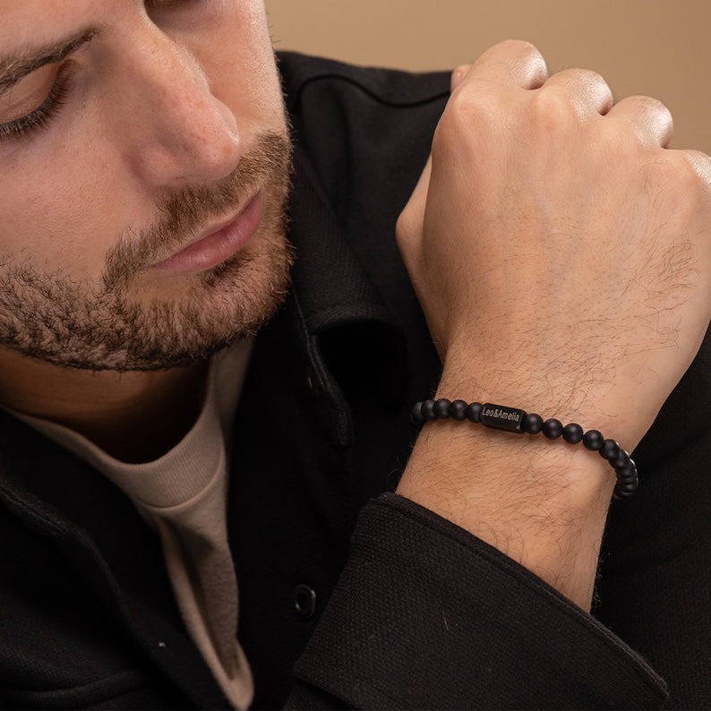 Personalized Men's Onyx Beads Bracelet