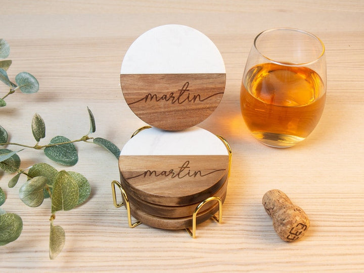 Personalized Name Marble and Wood Coasters