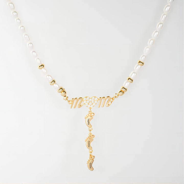 Personalized Mom Necklace Natural Freshwater Rice Pearls with Baby Feet Pendant