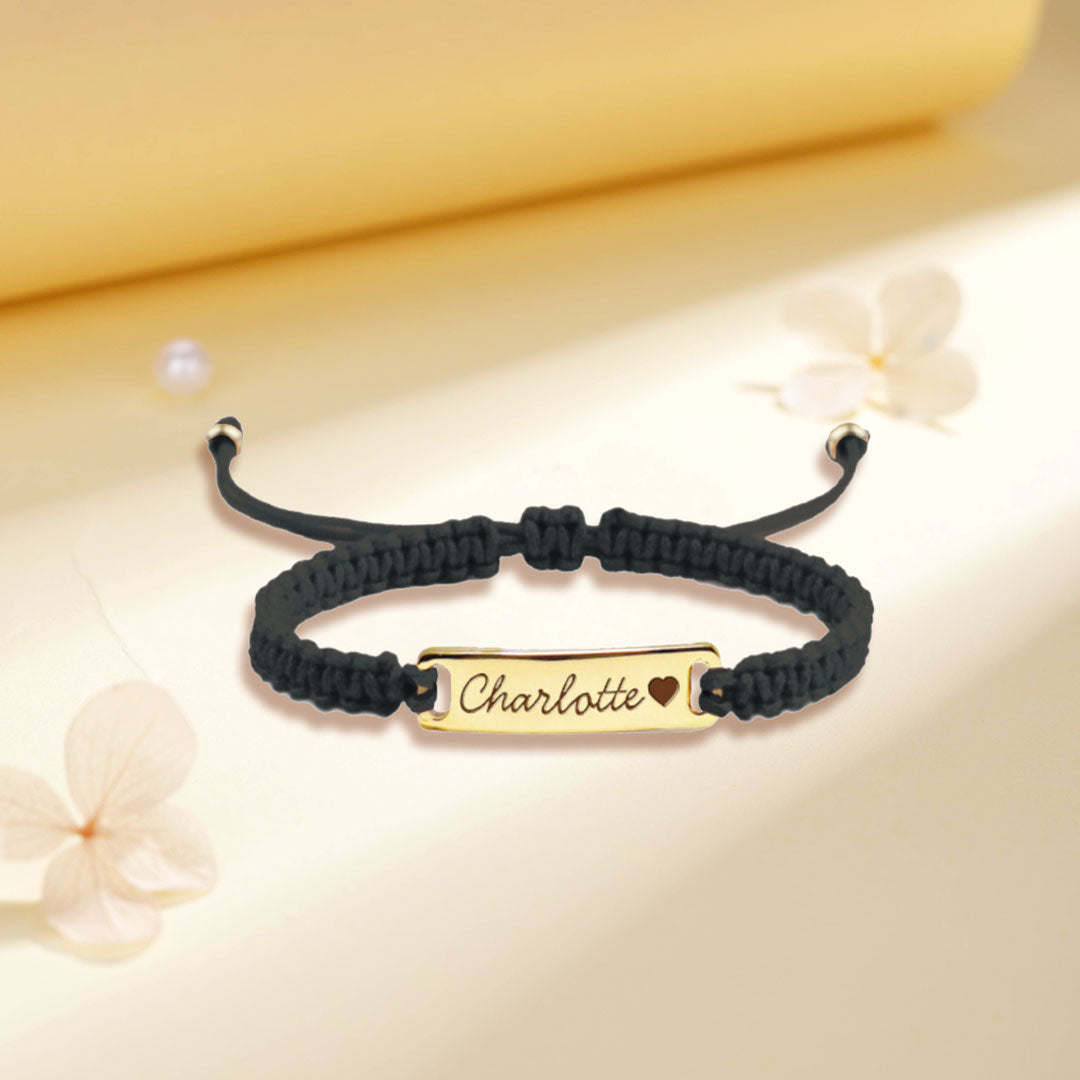 Black Hand‑Made Braided Cord ID Bracelet – Personalized Sterling Silver Baby/Toddler Gift