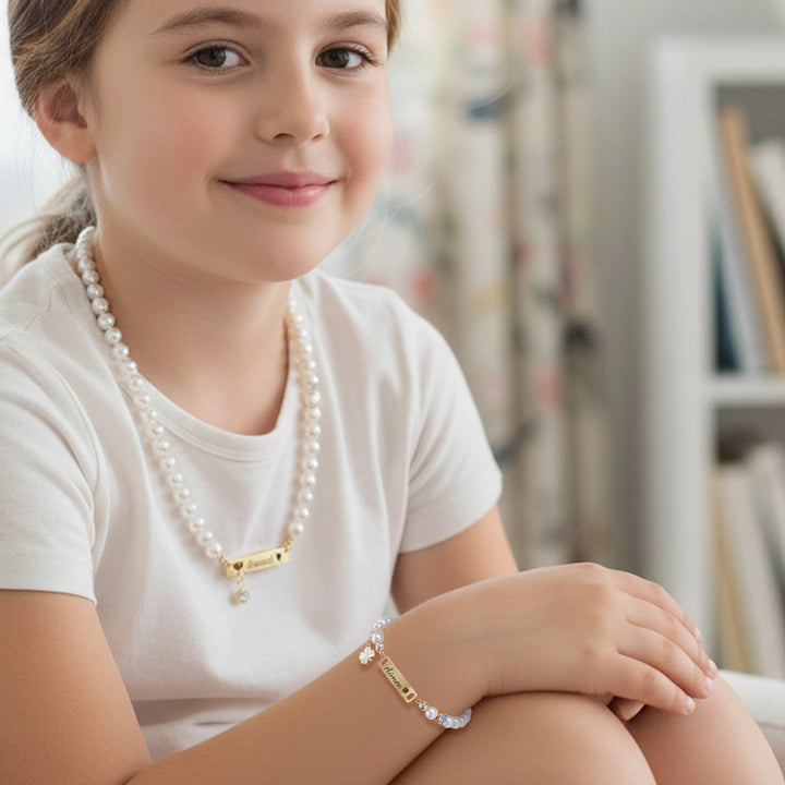 Personalized Children’s Pearl Bracelet & Necklace Set – Capture Your Child’s Zodiac Light and Growth Story