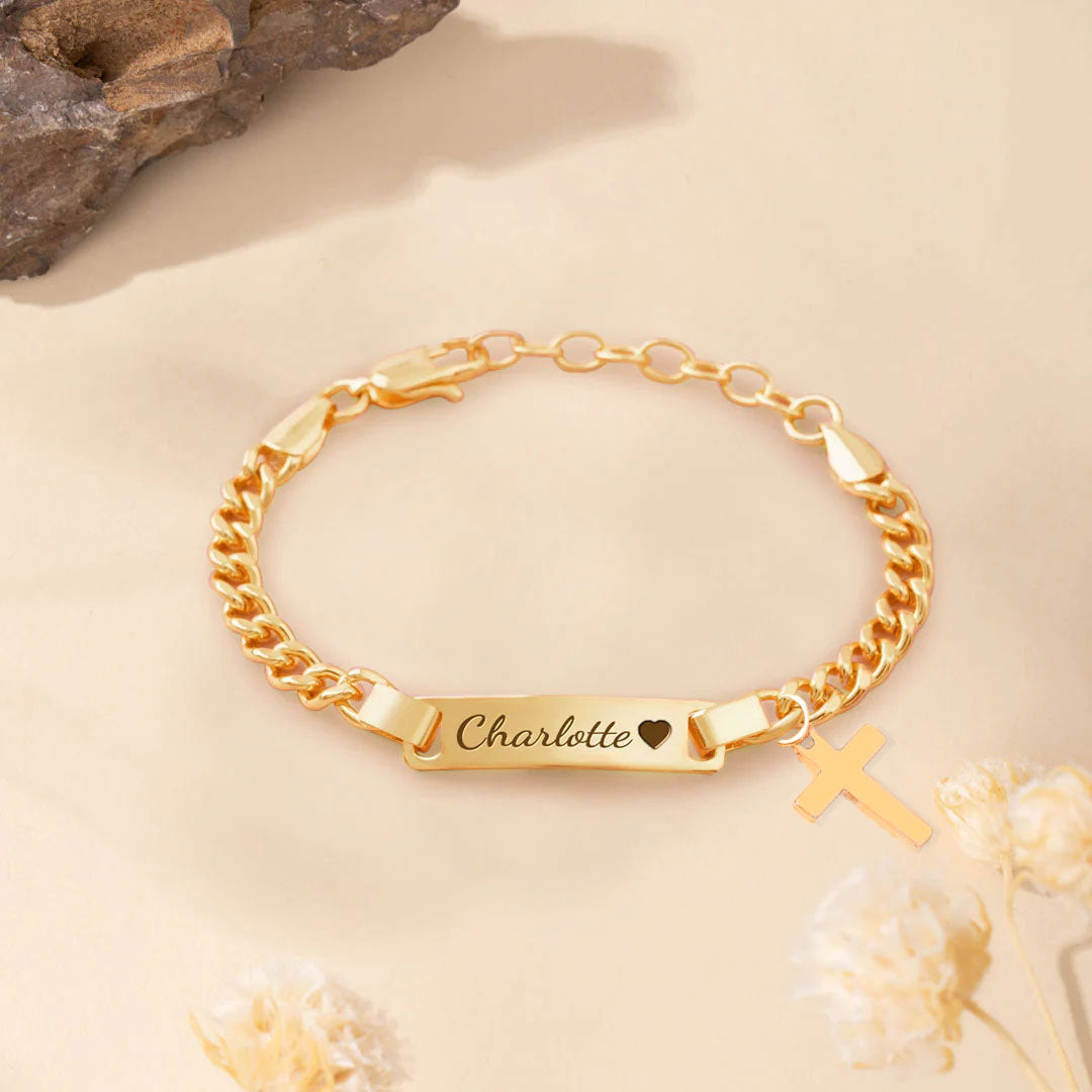 Personalized Baby Name Bracelet with Birthstone and Cross – Custom Gift for Boys & Girls