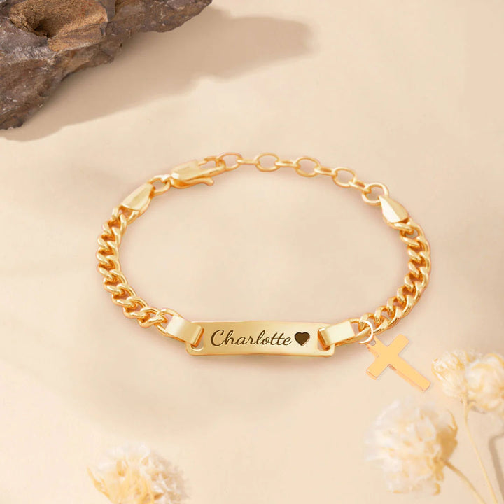 Personalized Baby Name Bracelet with Birthstone and Cross – Custom Gift for Boys & Girls