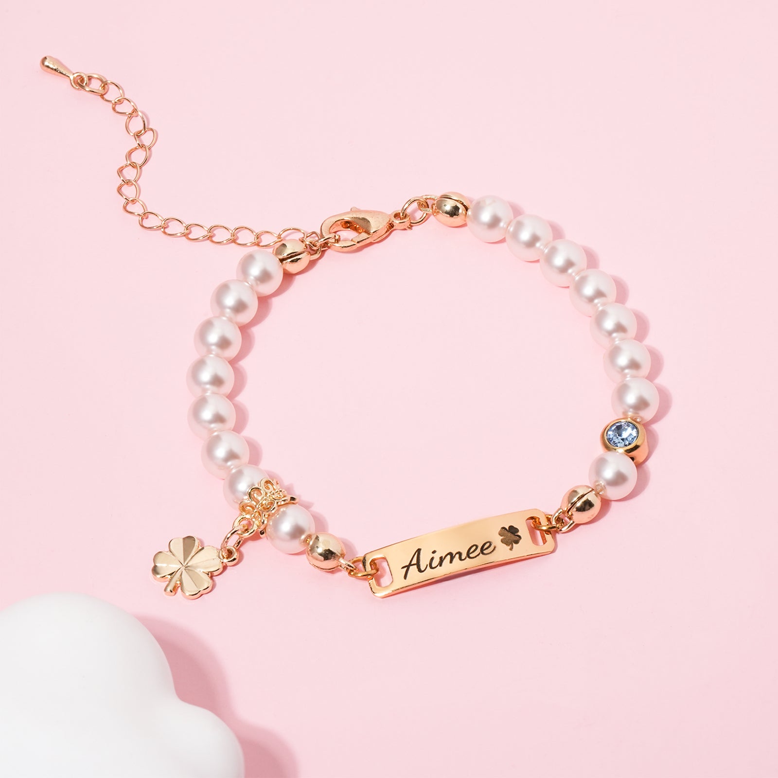 Four-leaf Clover Personalized Baby Name and Birthstone Pearl Bracelet