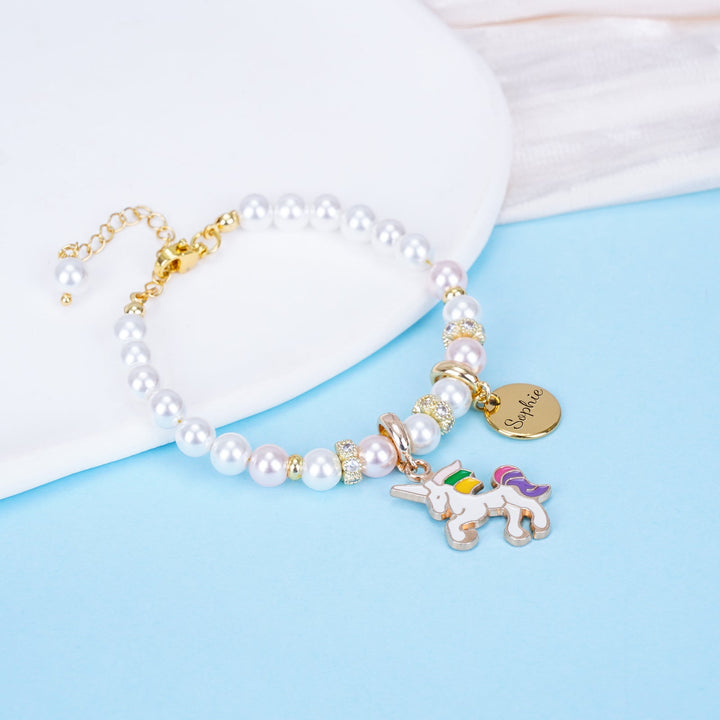 Personalized Unicorn Name Pearl Bracelet for Children – Sterling Silver Adjustable Jewelry