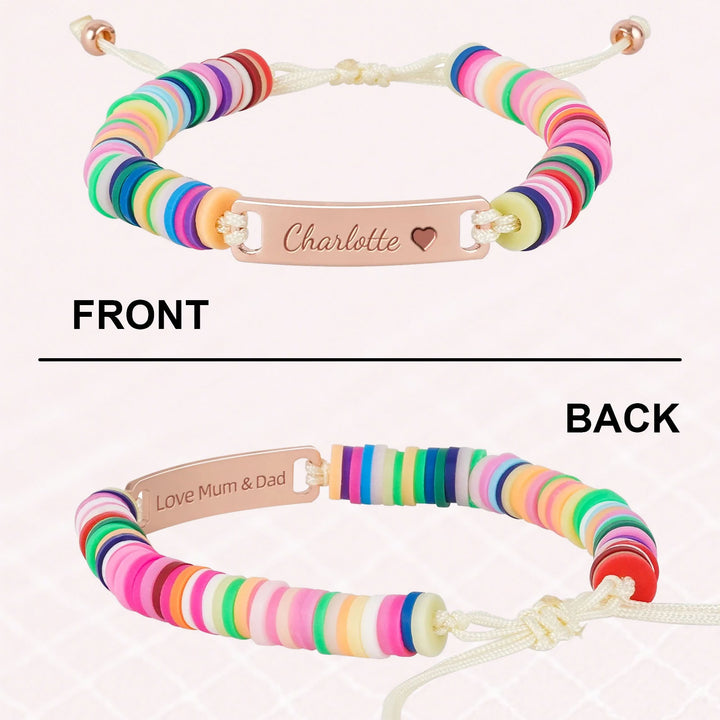 Personalized Baby Girl Name Bracelet with Rainbow Clay Beads – Adjustable Sterling Silver Charm
